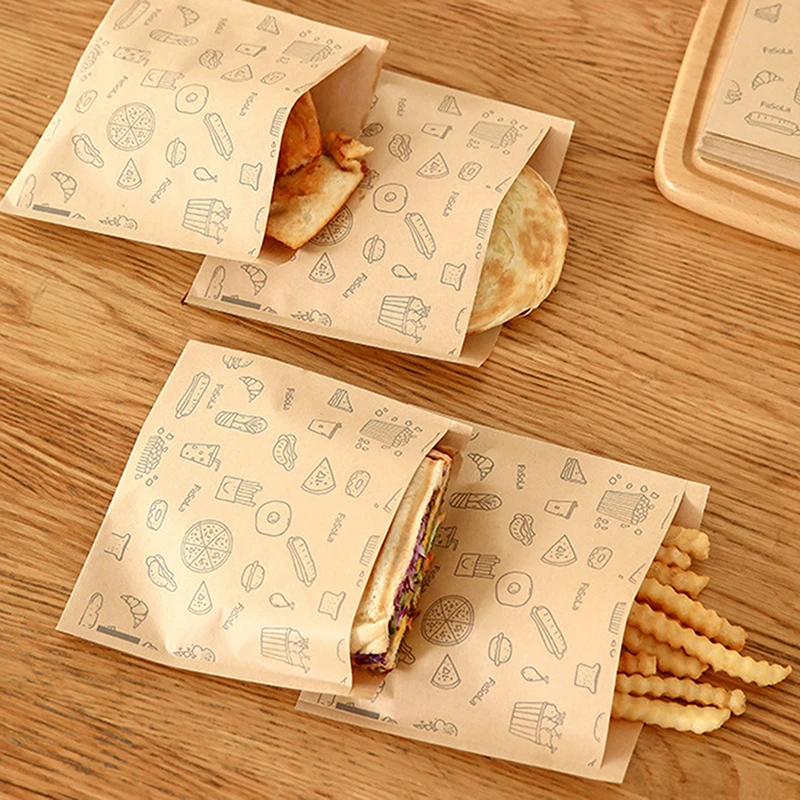 50Pcs Greaseproof Wrapping Paper Bag Disposable Food Packaging Bag Open-Ended Bread Sandwich Packaging Bags