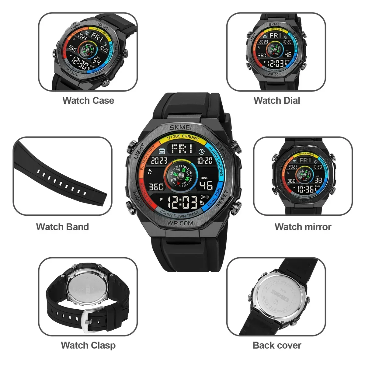 SKMEI Sports Electronic Watch Men\'s Outdoor Sports Compass Electronic Watch Multifunctional Waterproof LED Watch 2209