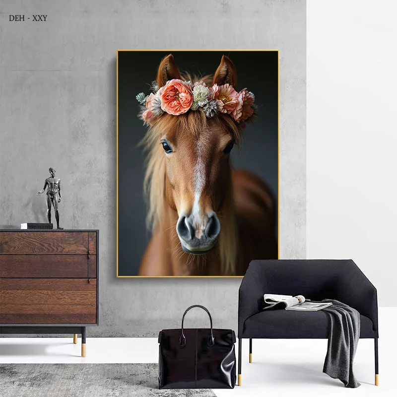 Baby Animals Bunny Goat Pig Dog Horse Flower Crown Print Canvas Posters Wall Art Canvas Painting for Home Kid Room Nursery Decor