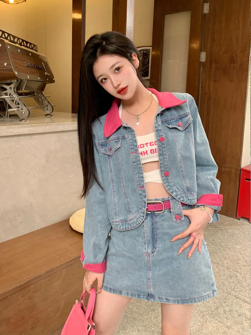 

Sweet Spicy Girl Color Contrast Spliced Denim Coat Skirt Set With Belt Women American Retro Oversize Fashion Two Piece Sets