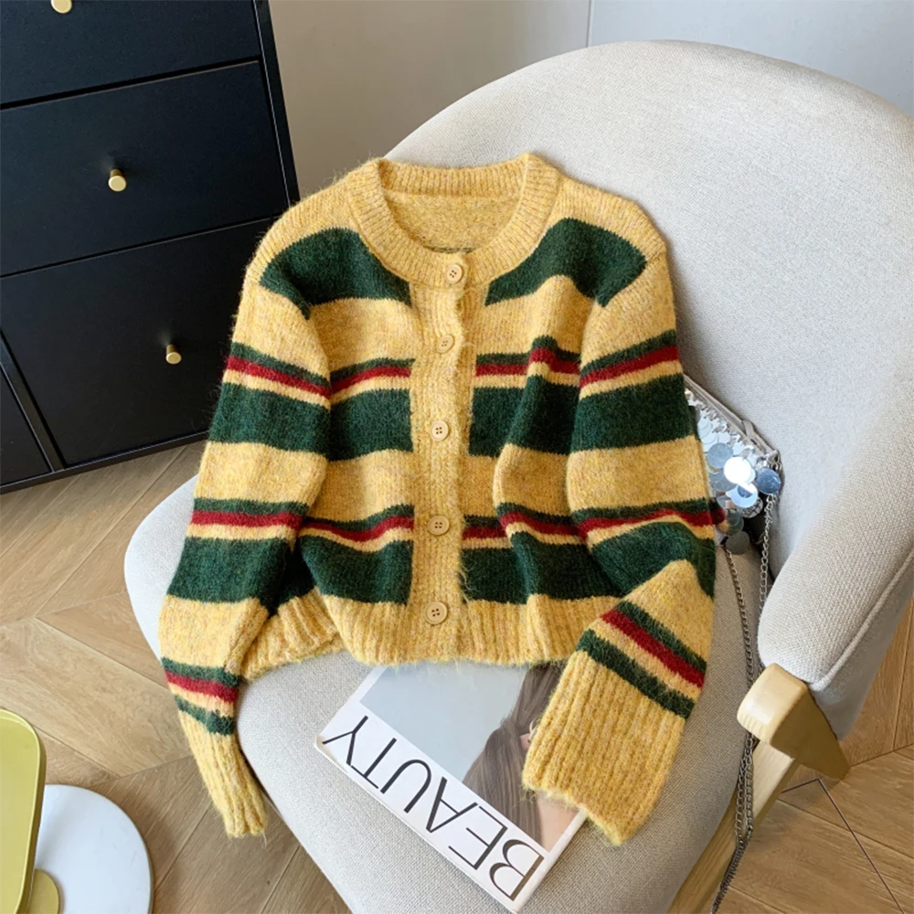 

Women's Yellow Striped Cardigan Sweater Vintage 2000s Y2k Aesthetic Jumper Knitwear Long Sleeves Cropped Sweater Autumn Clothes