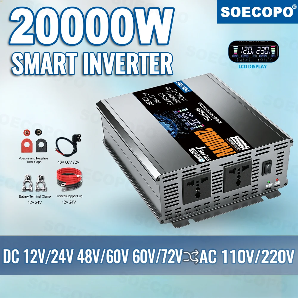 20000W Smart Inverter with Dual Voltage Input - Solar & Current Inverter DC to AC 110/220V Camping 12V Inverter for 110V Home