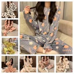 Cute Sweet Autumn Winter Pajamas Women Wear 2024 New Coral Velvet Warm Thickened Long- Sleeved Loungewear Set Christmas Birthday