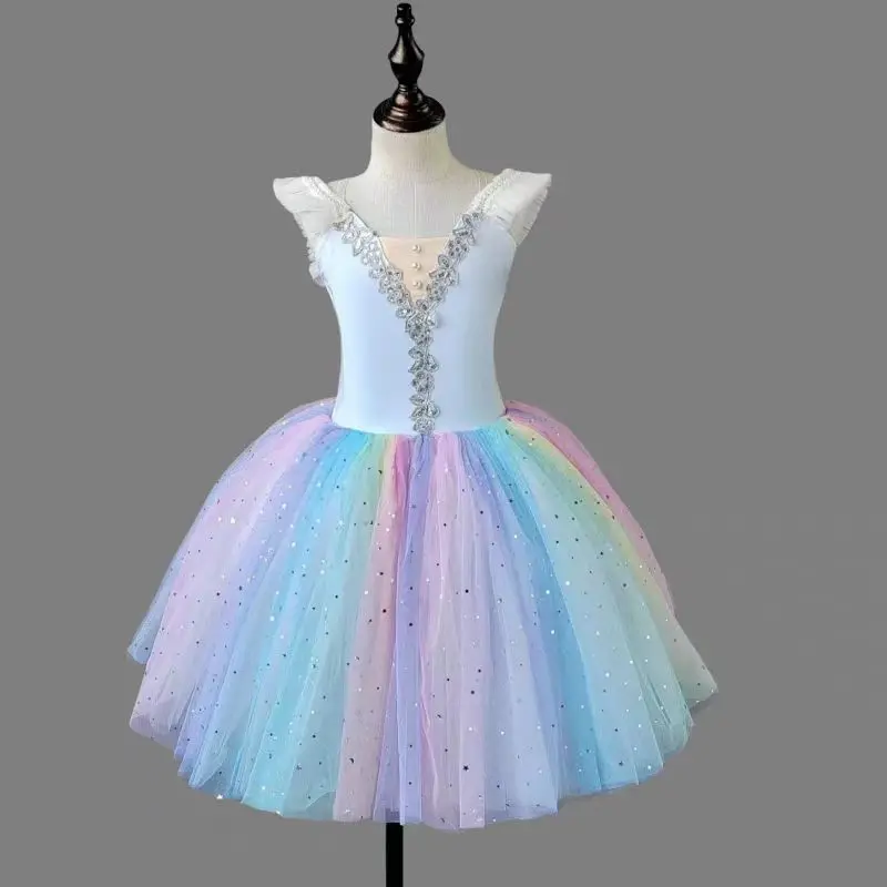 Vestido de balé com lantejoulas infantil, princesa Tutu, roupa de dança, saias infantis, 7 cores, performance