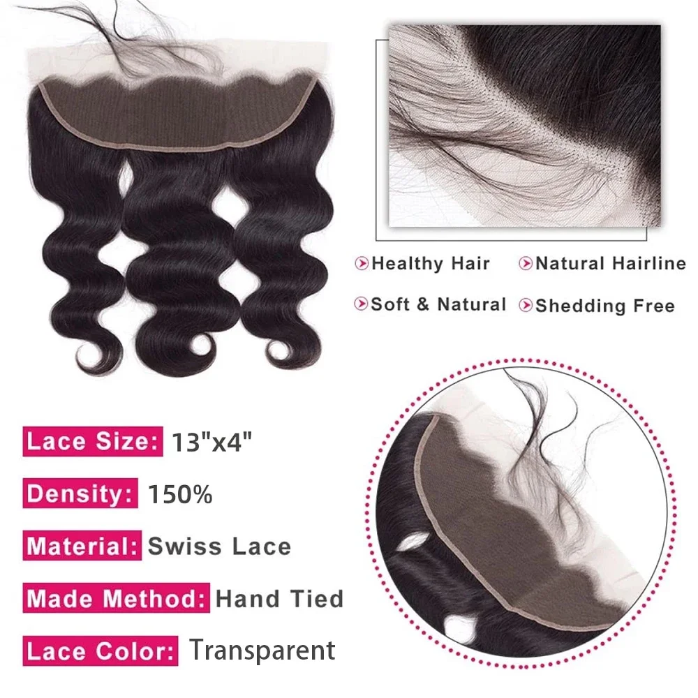 ผมปลอมแบบลูกไม้ 4x4 ยี่ห้อ Ajunlele พร้อมผมเบบี้แฮร์ ลอนบอดี้เวฟ ผมแท้บราซิล 100% แบบ HD โปร่งใส 13x4  แบบลูกไม้ด้านหน้า สีดำธรรมชาติ