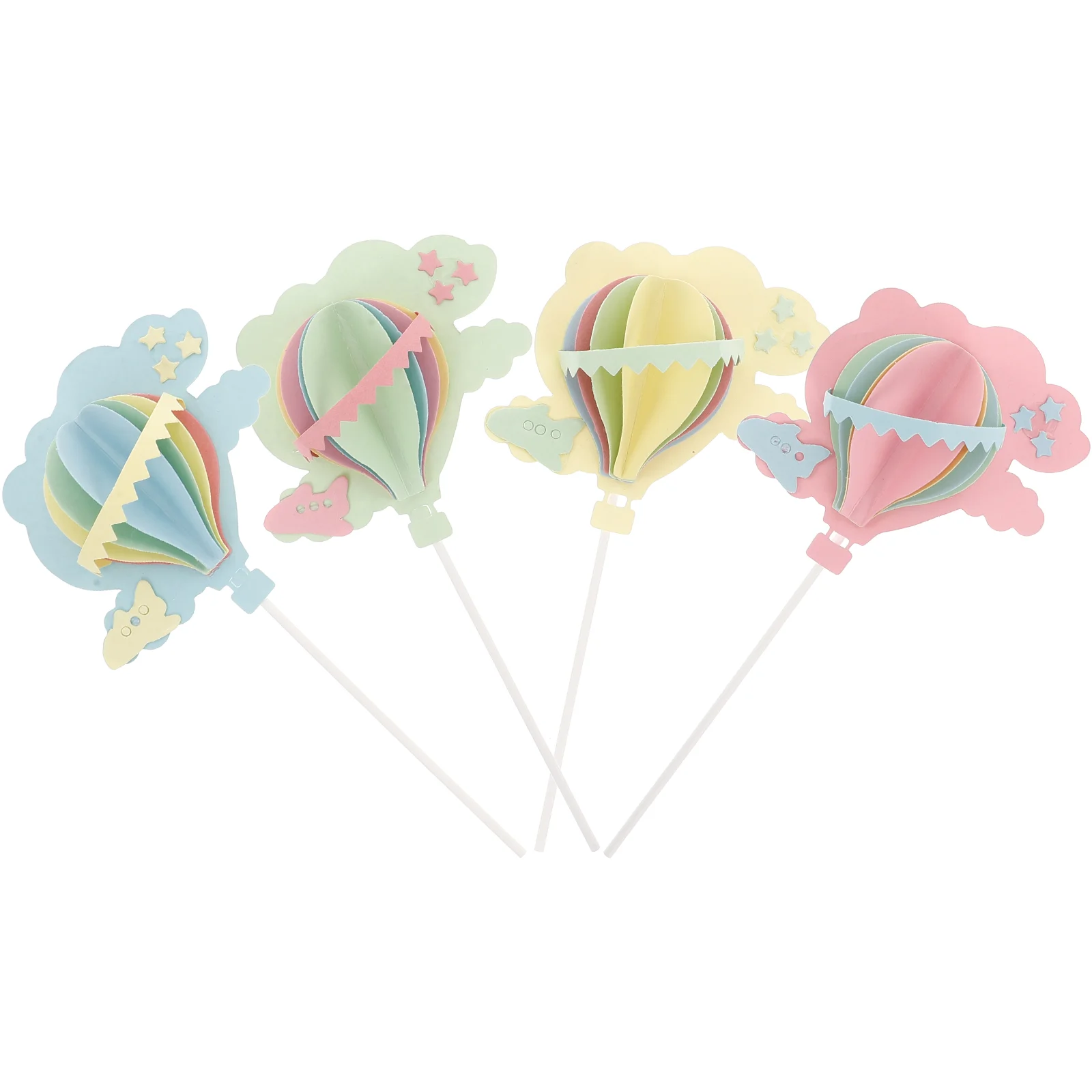 4 stuks 3D Wolken Heteluchtballonnen Cake Topper Party Cake Pick Cake Decoraties (Blauw, Roze, geel, Groen)