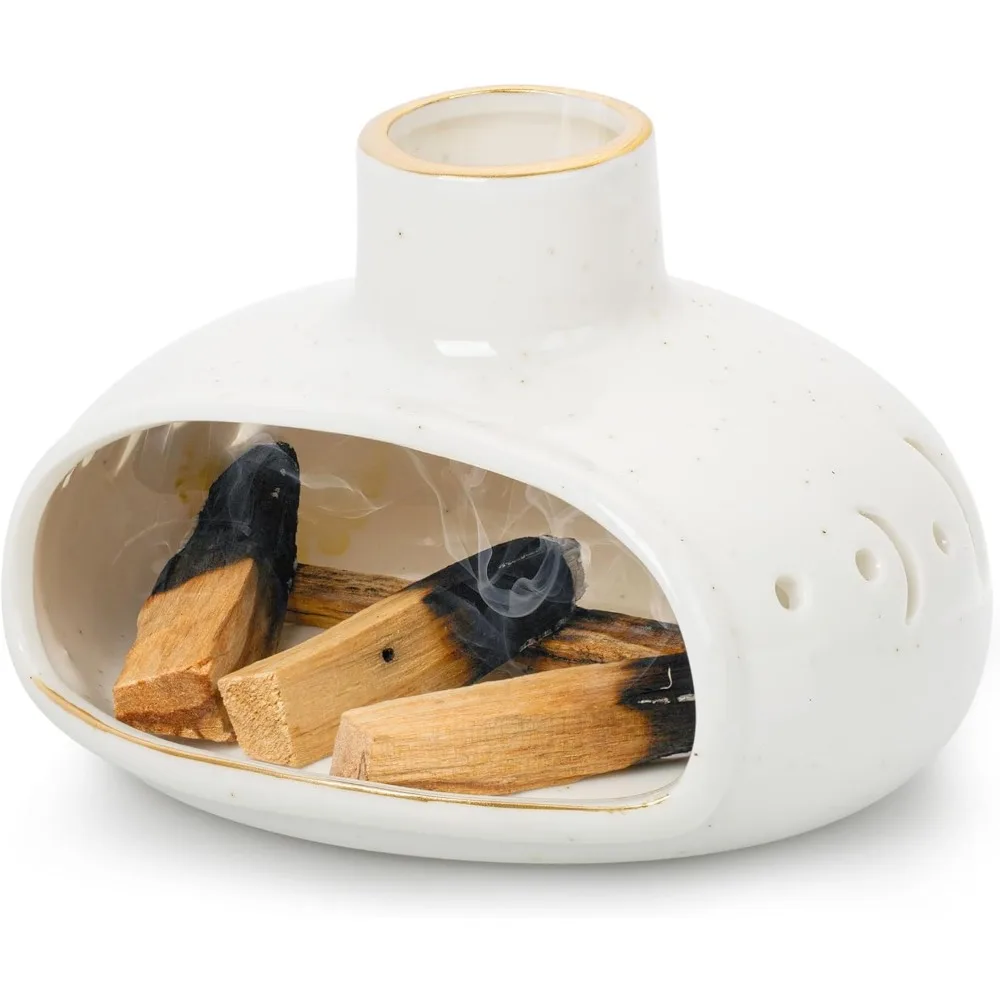 حامل بخور 3 في 1 لعصي بالو سانتو، بخور المريمية، حامل مبخرة من السيراميك مصنوع يدويًا، صائد الرماد مع مدخنة، s