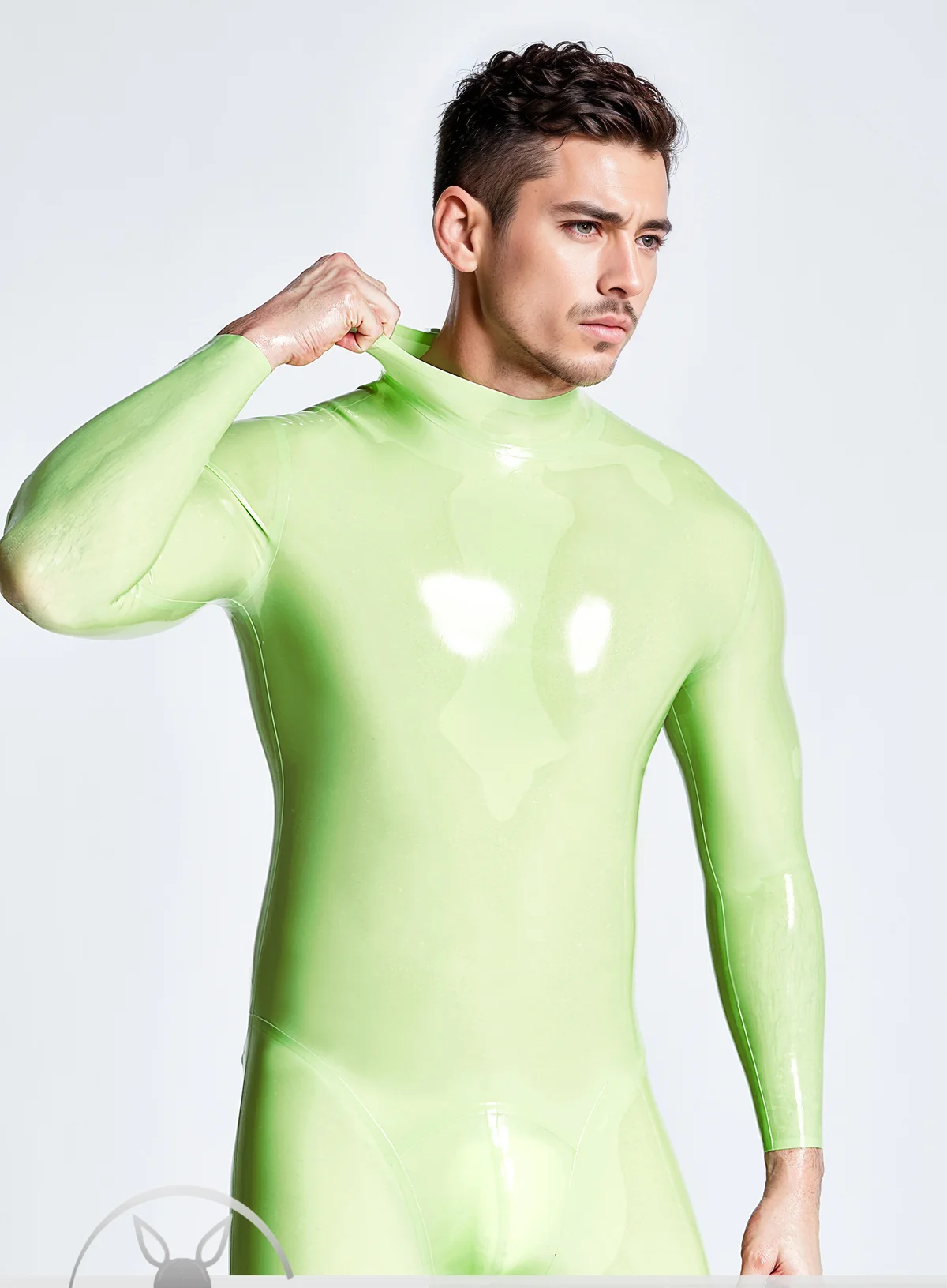 

customized rubber catsuits men's light green latex full body suit long sleeve rubber zentai eurocat latex fetish clubwear