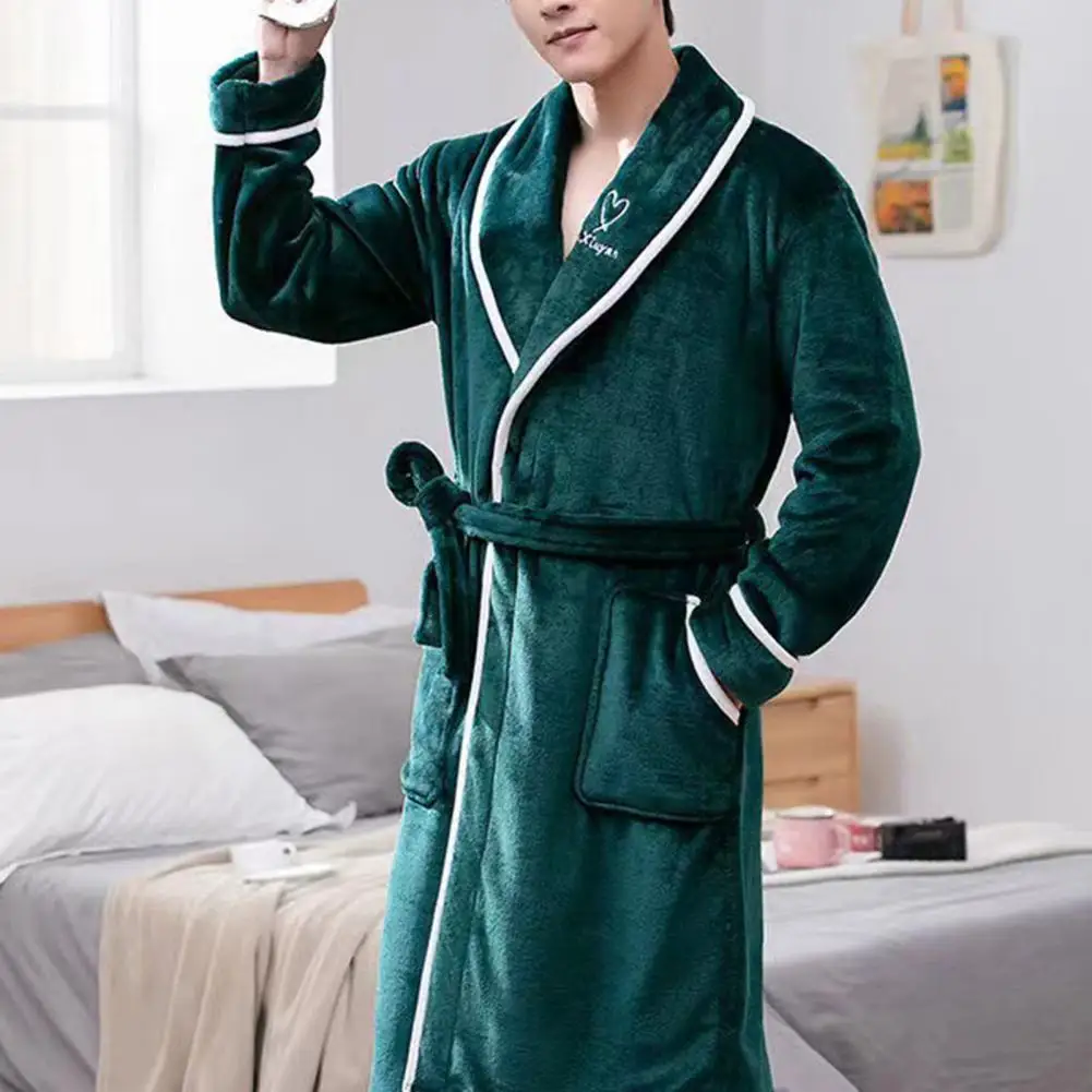 Men Bathrobe Lengthened Fleece Pockets Thicken Soft Keep Warm Nightgown Turn-down Collar Winter Sleeping Bath Robe Sleepwear