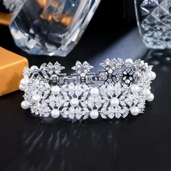 CWWZircons Chunky White Cluster Cubic Zircon Flower Big Bridal Pearl Bracelets for Wedding Engagement Party Jewelry Gifts CB320