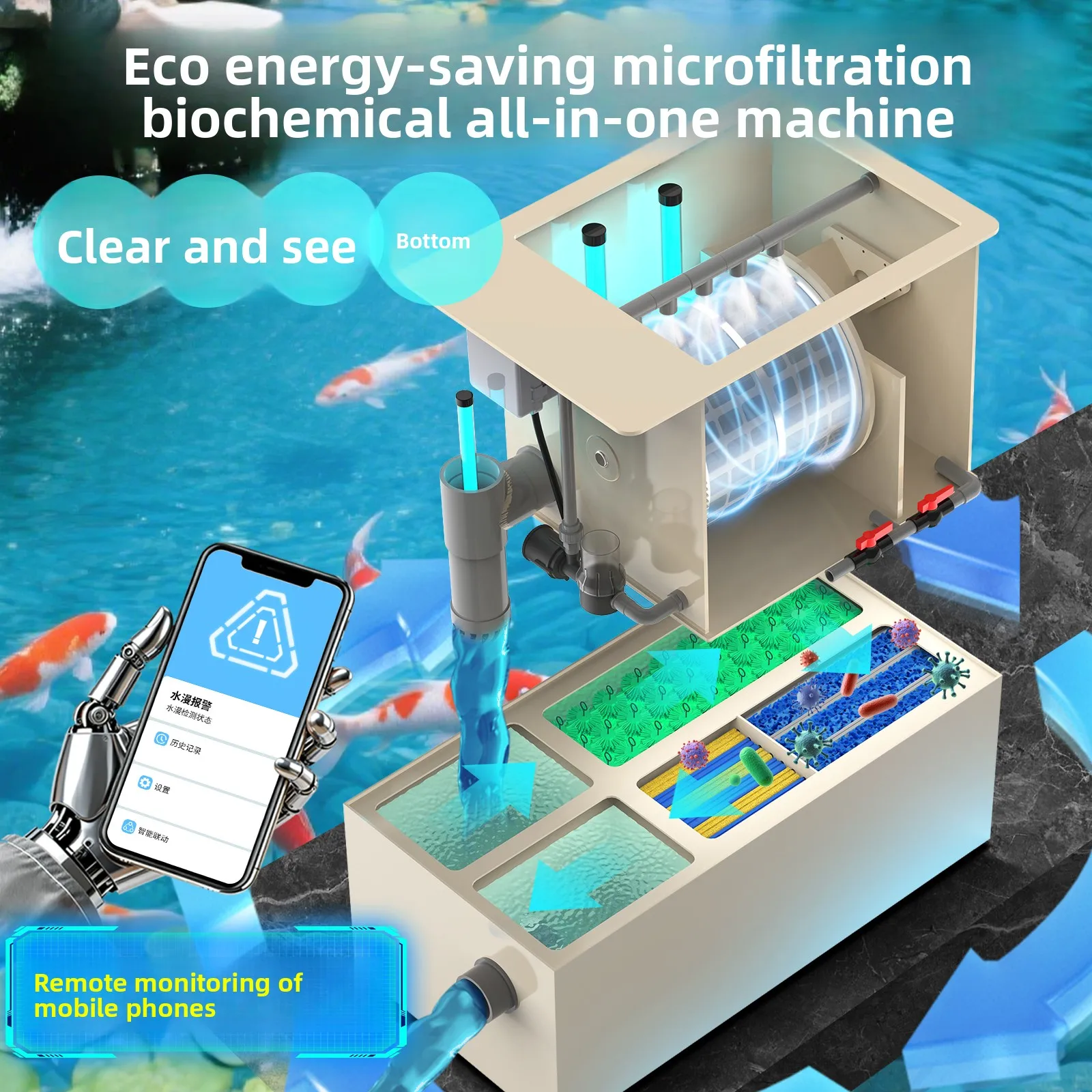 Koi Pond Drum Microfilter - Biochemical Integrated Filter with Automatic Backwash & Water Circulation
