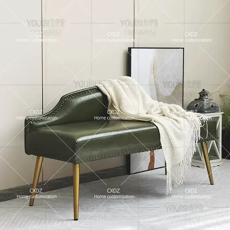 Nordic Backrest Dining Chair Green Leather Long Bench for Bedroom End of Bed Shoe Changing Stool Dressing Vanity Seat