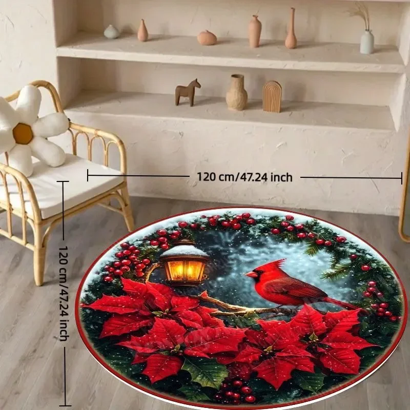 Circular Floor Mat Christmas Candy Cane Carpet Flannel Soft Fluffy Cozy Bowknot Red Berry Print Washable Bathroom Rug