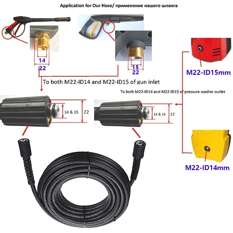 Mangueira de substituição para lavadora de alta pressão M22-14 e 15 acoplador de extensão de conector de latão para lavadora elétrica azul Karcher Lavor AR