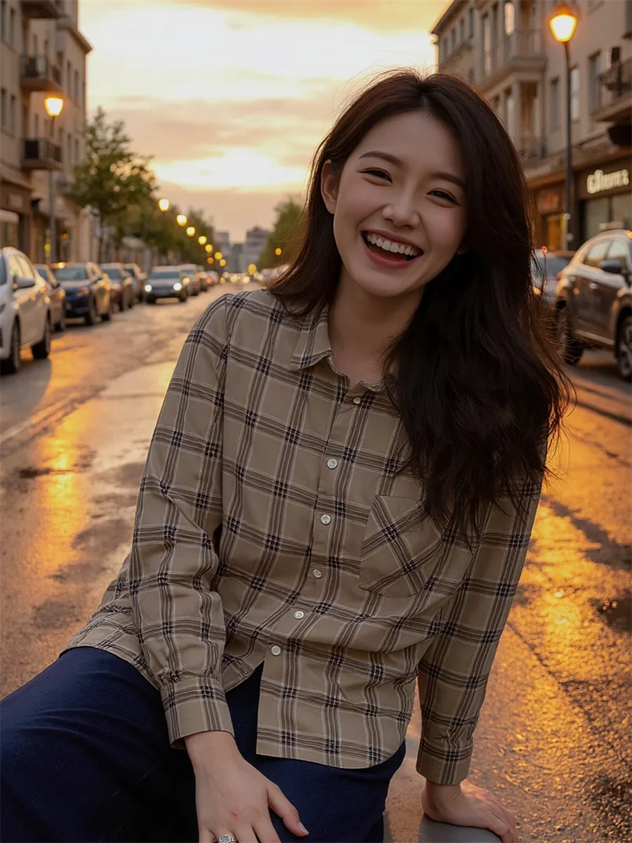

Plaid Shirts Women Casual Spring Breathable Cotton Streetwear Korean Fashion Fit O-neck Button-up Vintage Tops Female Outfits