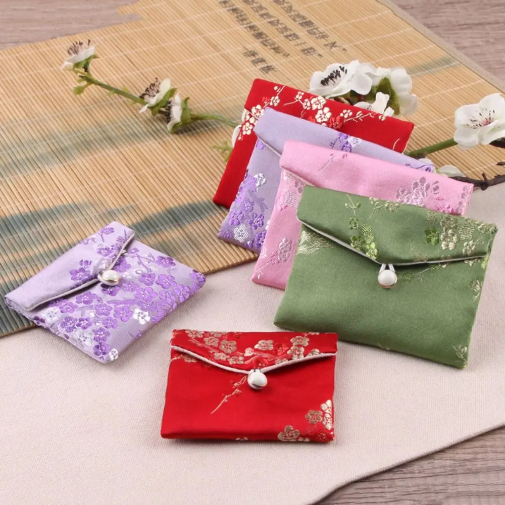 Retro Satin Jewelery Bag Buckle Embroidered Wallet Floral Chinese Style Coin Purse Birthday