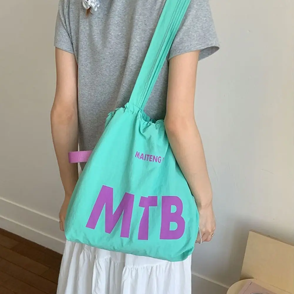 

Korean Solid Color Drawstring Bags Light Weight Large Capacity Letter Shoulder Bag Shopping Nylon Tote Bags Handbag