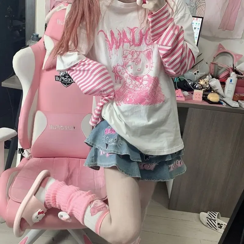 Hello Kitty kobiety sweter wiosna jesień cienkie ubrania Y2k rozrywka ulica Kawaii z długim rękawem Top Jumper bawełniana bluza płaszcz