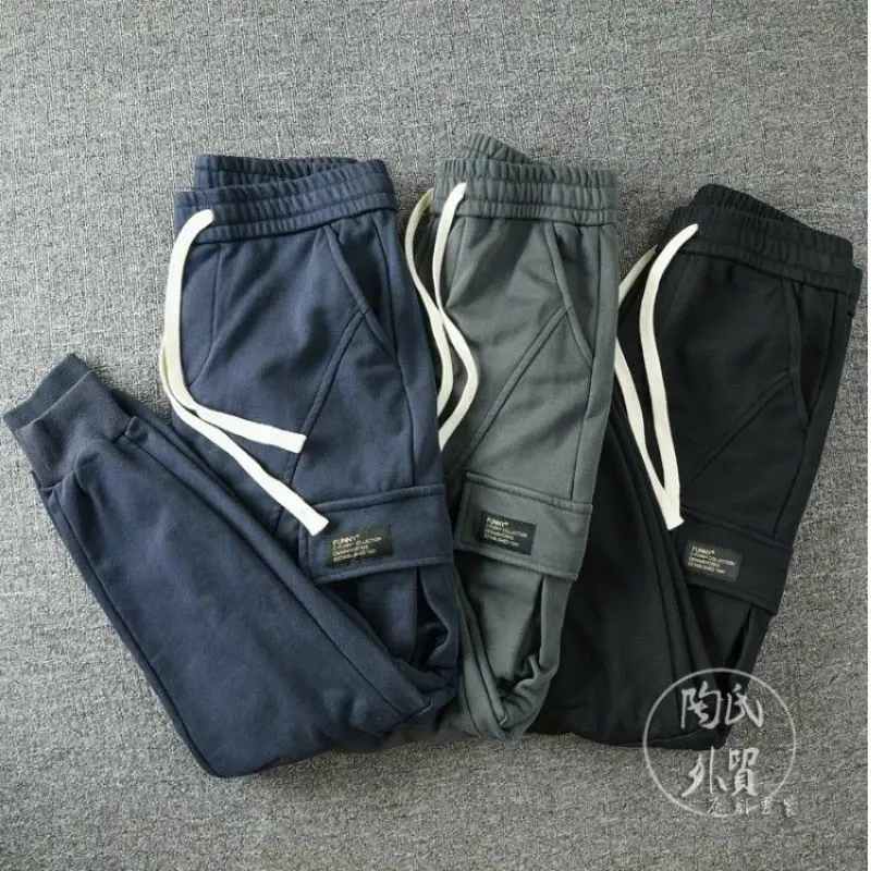 Thick Style Street Casual Men\'s Drawstring Cargo Pants Multiple Pockets New Classic Stickers Handsome Tide All-match Trousers