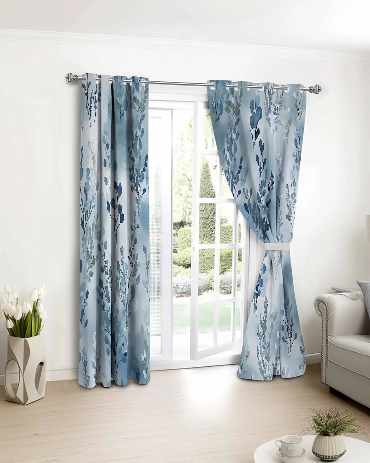 

Blue Watercolor Plant Printed Window Curtains Living Room Bedroom Children Room Modern Home Decor