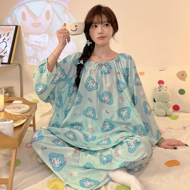 

2 Pcs Anime Figure Hatsune Miku Pajamas Set Long Sleeves Cotton Yarn Pajamas Hatsune Miku Anime Figure Periphery Home Wear Girls