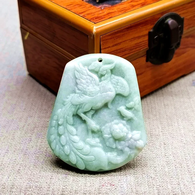 

Natural Light Green Hand-carved Phoenix Peony Pendant Fashion Boutique Jewelry Men and Women Jade Necklace Pendant Jewelry