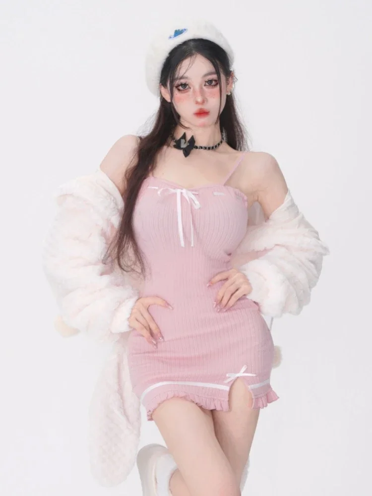 Japanese Lolita Kawaii Dress Suit Women Korea Sweet Cute 2 Piece Set Female Wool Rabbit Hooded Coat + Pink Party Mini Dress 2024