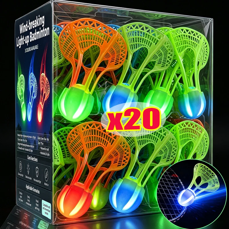 1/20PCS Luminous LED Badminton Birdie Windproof Nylon Hollow Skirt Shuttlecock Portable for Night Backyard Outdoor Entertainment