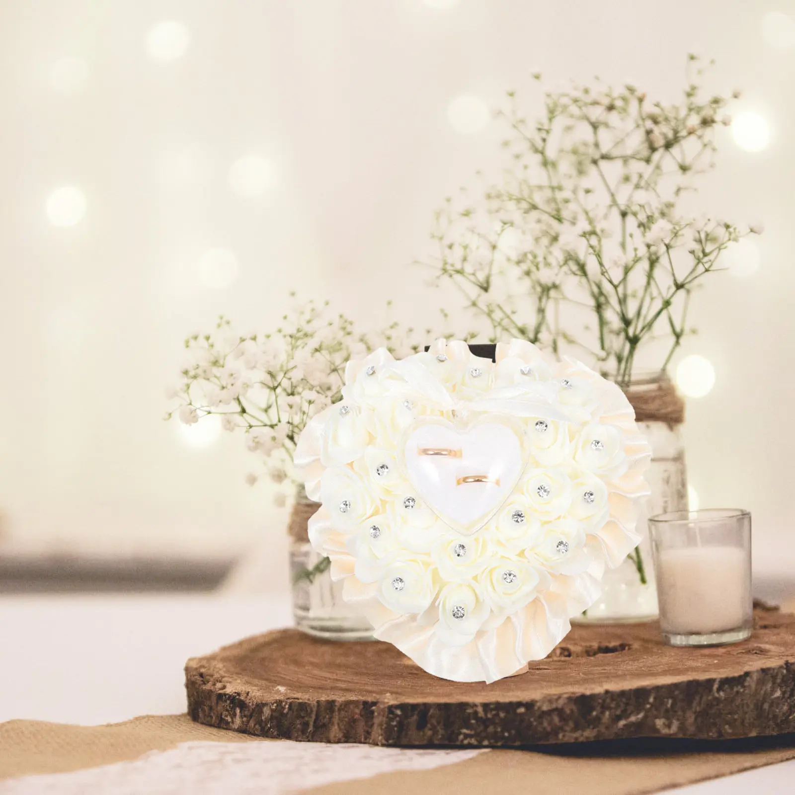 

Wedding Heart Rose Flower Ring Pillow Compact Romantic Bridal Ring Cushion Case Clear Rhinestone Decoration Wedding Supplies