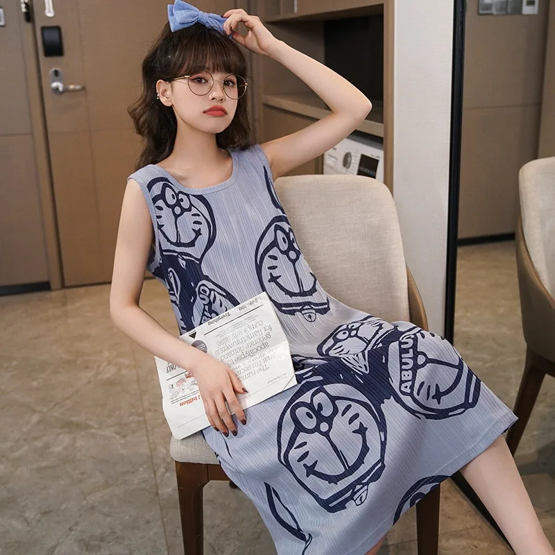 

Summer Cotton Women Nightgown Sleeveless Cartoon Sweet Soft Female Nightdress Loose Plus Size M-3XL Girls Nightwear