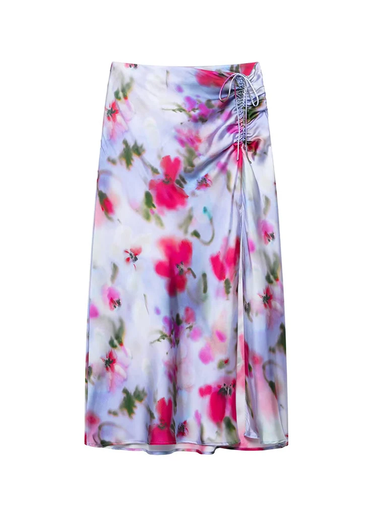 

KUCLUT Women Fashion Printed Pleated Lace Up Front Slit Midi Skirt Vintage Side Zipper High Waist Female Chic Lady Skirts