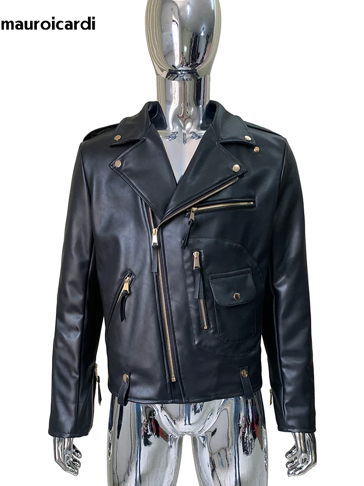 Mauroicardi Autumn Cool Handsome Short Black Hard Pu Leather Biker Moto Jacket Men Zipper Luxury Designer American Retro Clothes