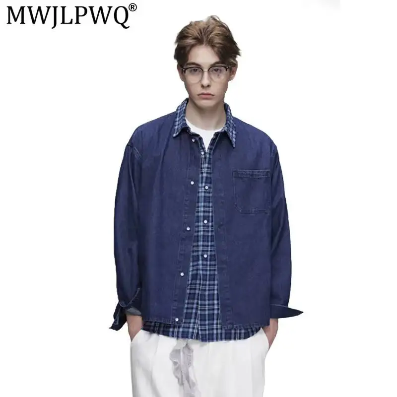 MWJLPWQ Fake Two-Piece Denim Shirts For Men Spring Autumn Trendy Street Style Plaid Patchwork Design Unique Loose-Fit Tops 17437