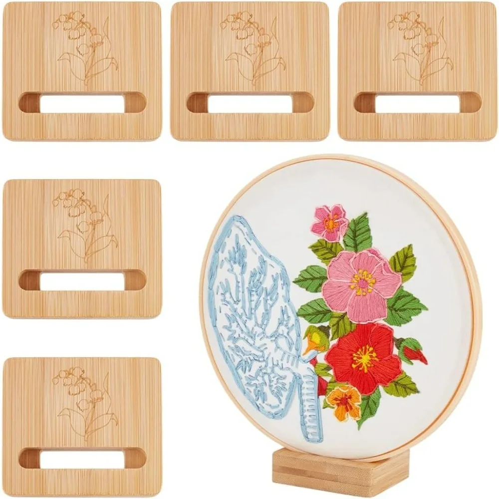 6Pcs Embroidery Hoop Rectangle Display Stand Wood Hoops Easels Embroidery Hoop Wooden Base with Flower Pattern Cross
