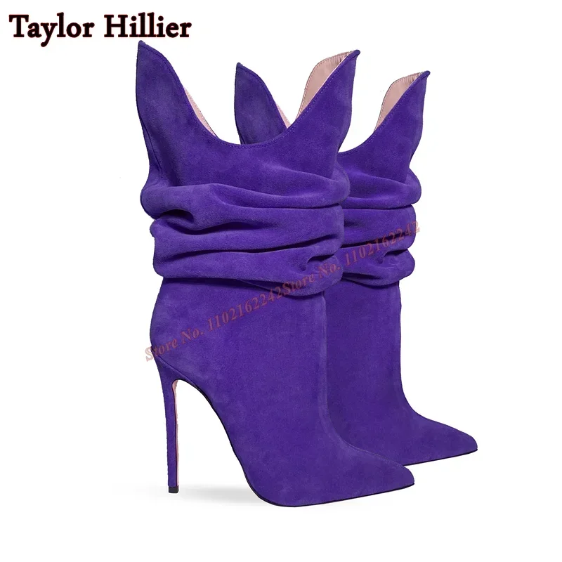 Suede Pleated V-Neck Short Boots Pointed Toe Stiletto Slip-On Autumn Fashion Boots Fashionable Casual Rose Red Short Boots  47