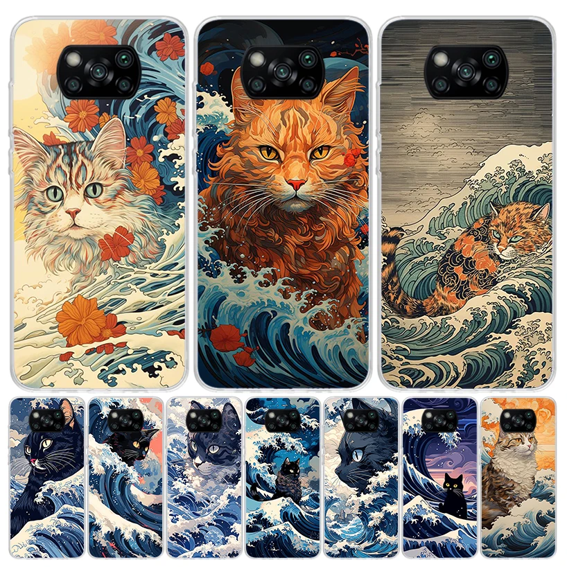 Anime Cat Sea Wave Aesthetic For Xiaomi Poco X6 X3 Nfc X5 X4 F6 F5 Pro Phone Case F4 Gt F3 F2 F1 M5S M4 M3 M2 5G Fundas Coque X3