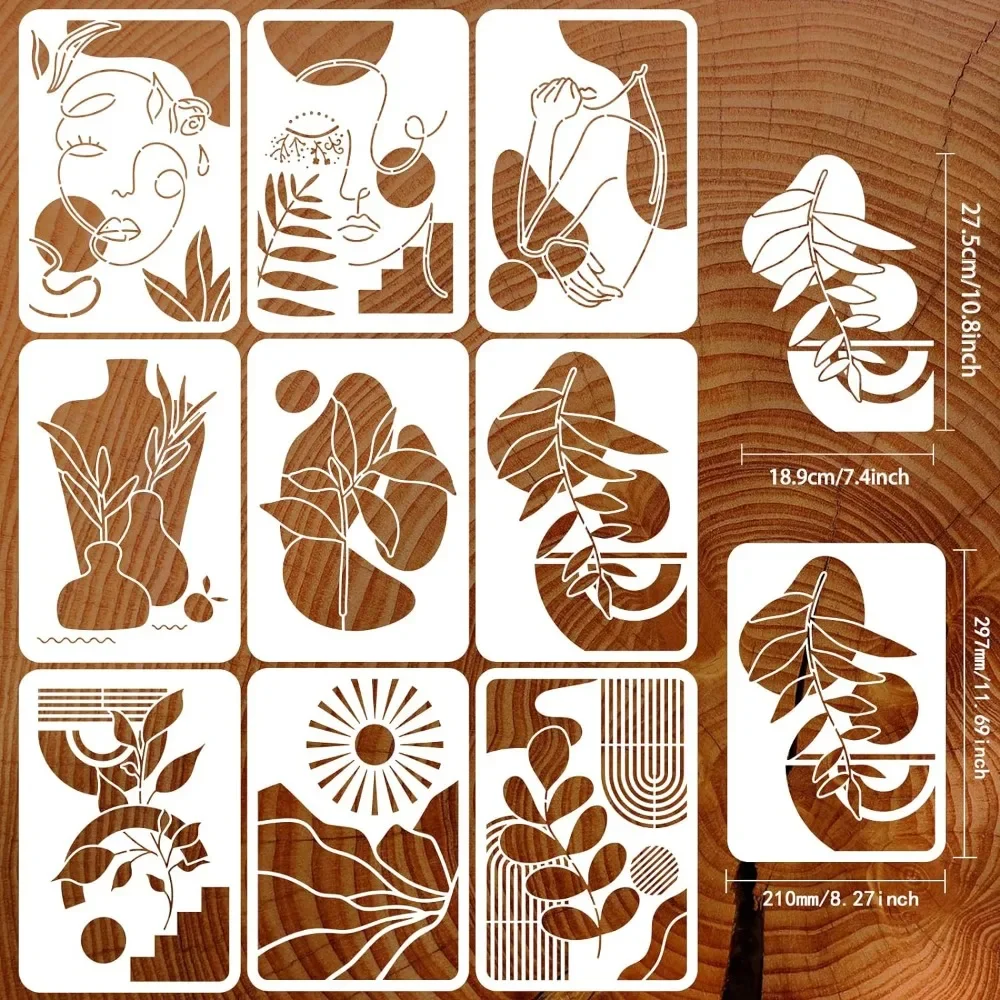 9PCS Boho Sunrise Stencil Abstract Art Stencils 11.7x8.3 inch Large Reusable Tropical Plants Stencil Female Face Painting Stenci