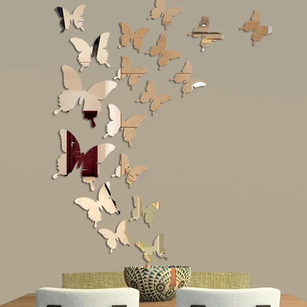 12 sztuk/partia motyl 3D naklejka ścienna z lustrem naklejka ścienna sztuka zdejmowana dekoracja ślubna naklejka dekoracja pokoju dziecięcego