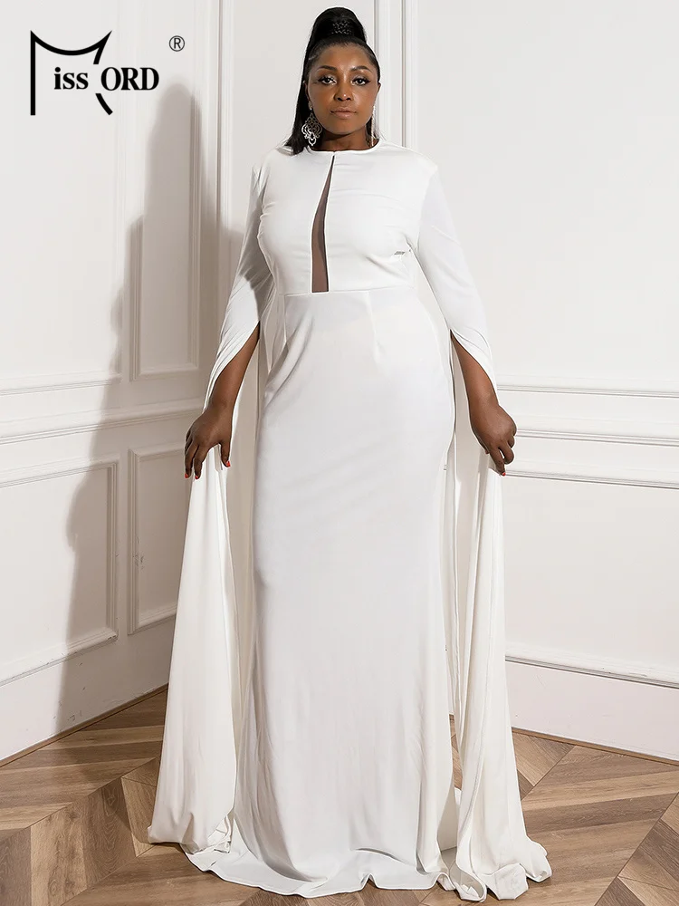 Missord Plus Size Super Long Slip Sleeve Prom Dress High Waist Floor Length Dress White Cutout Evening Dress