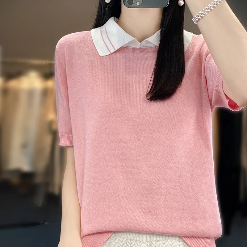 

Four Seasons Moze Summer New Knitted Half Sleeved Women's Polo Collar Pullover Pure Cotton Loose Solid Color Casual Style Top