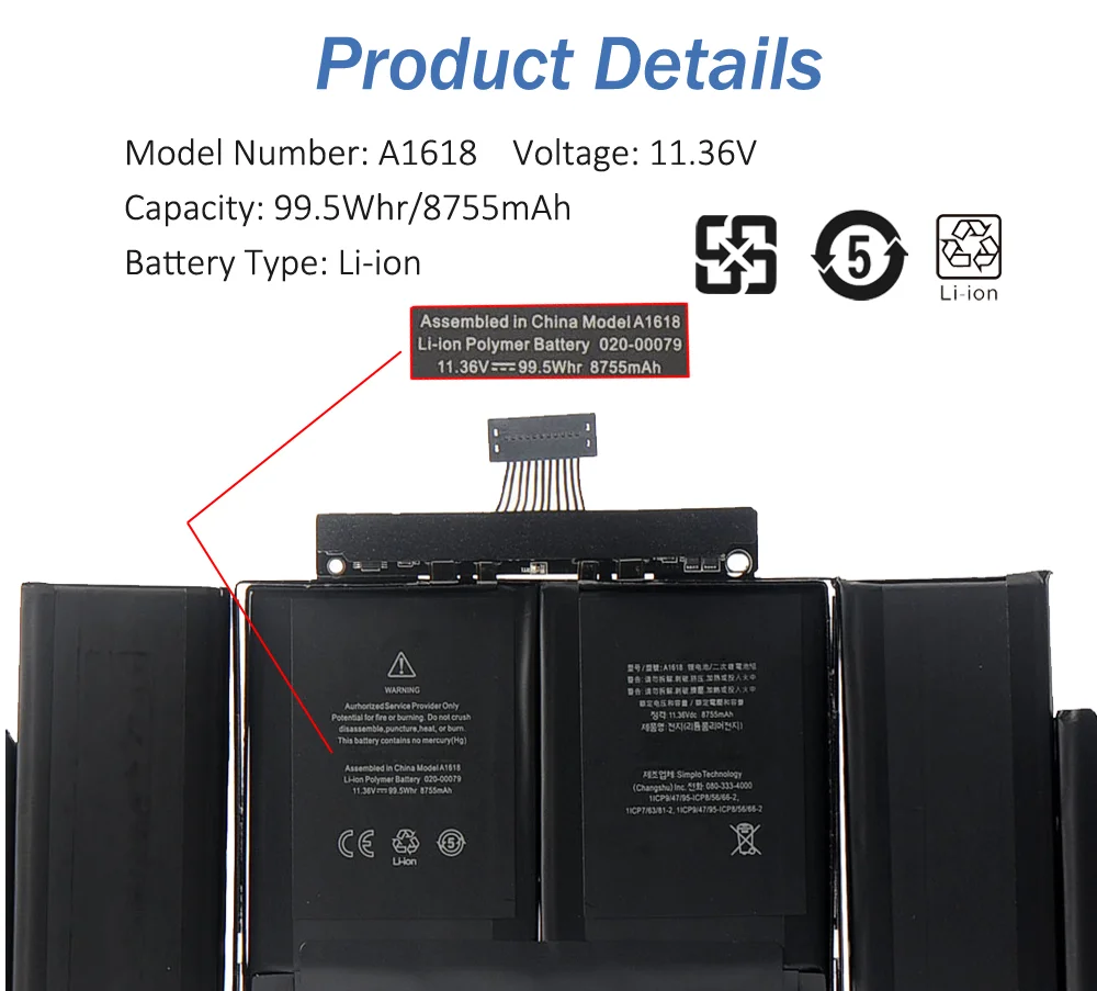Imagem -06 - Etesbay A1618 Bateria do Portátil para Apple Macbook Pro 15 Retina A1398 Versão 2023 02000079 Mjlq2ll a Mjlt2ll a 99.5wh 8755mah