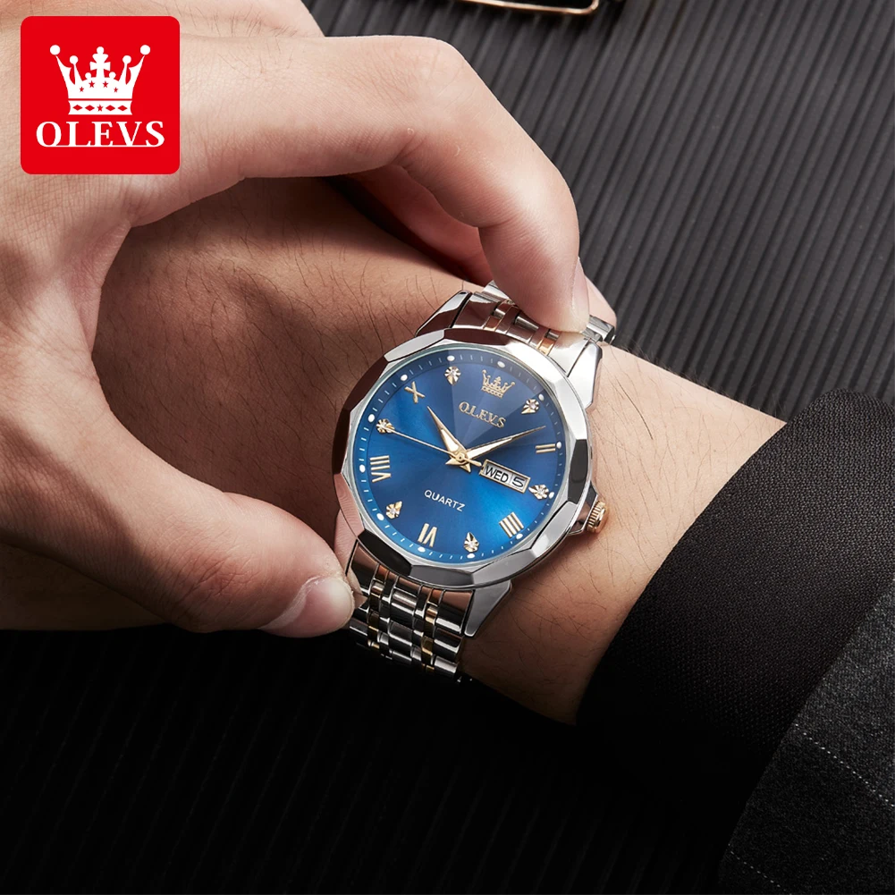 OLEVS-Reloj de pulsera de cuarzo para hombre, cronógrafo Original, luminoso, resistente al agua, superficie prismática, espejo, fecha, semana,