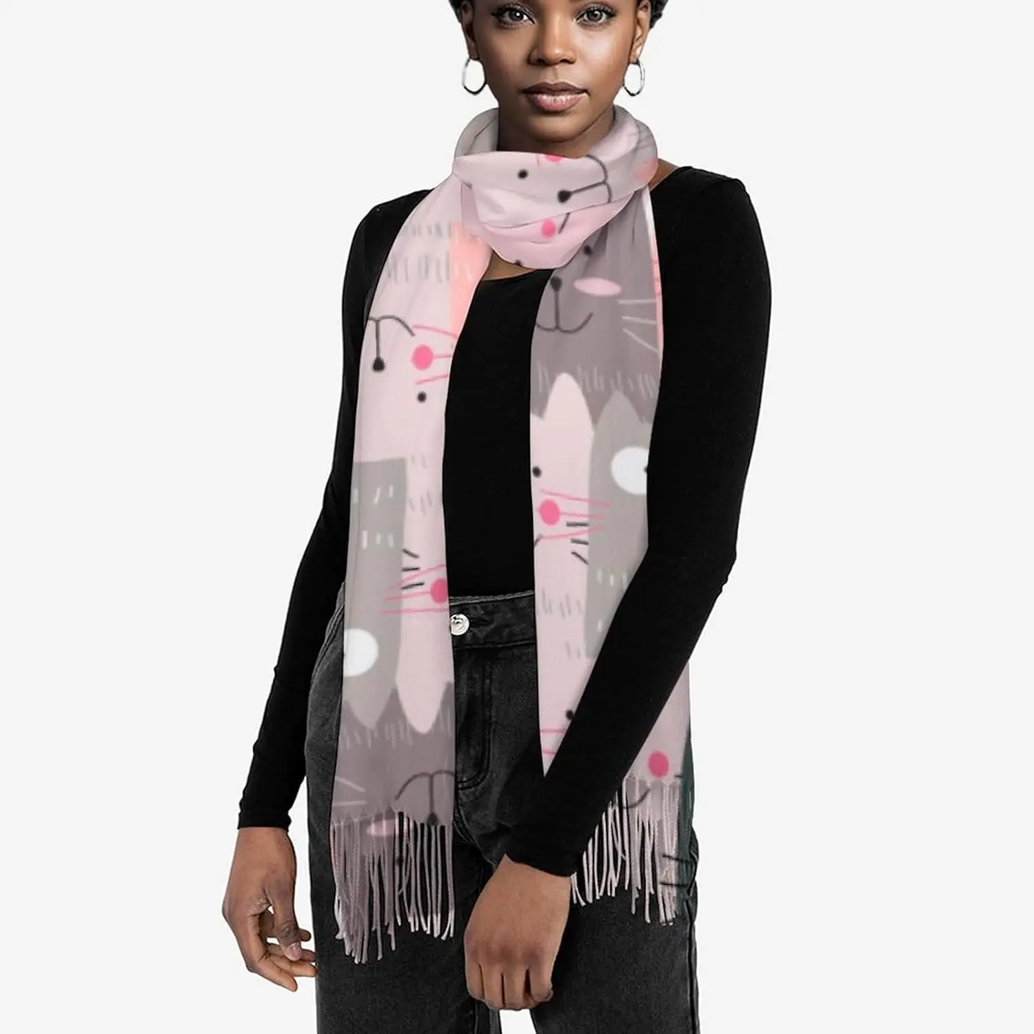 

Женский осенне-зимний шарф с забавными кошками, мягкие теплые шарфы с кисточками, шаль, шарф 197x72 см, женский роскошный шарф
