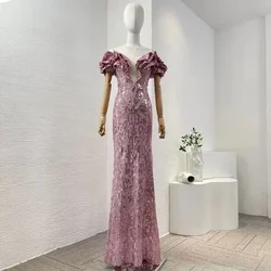 Pink Ruffels Off The Shoulder New 2024 Arrivals High Quality Pearls Beading Sequined Women Maxi Dresses for Party