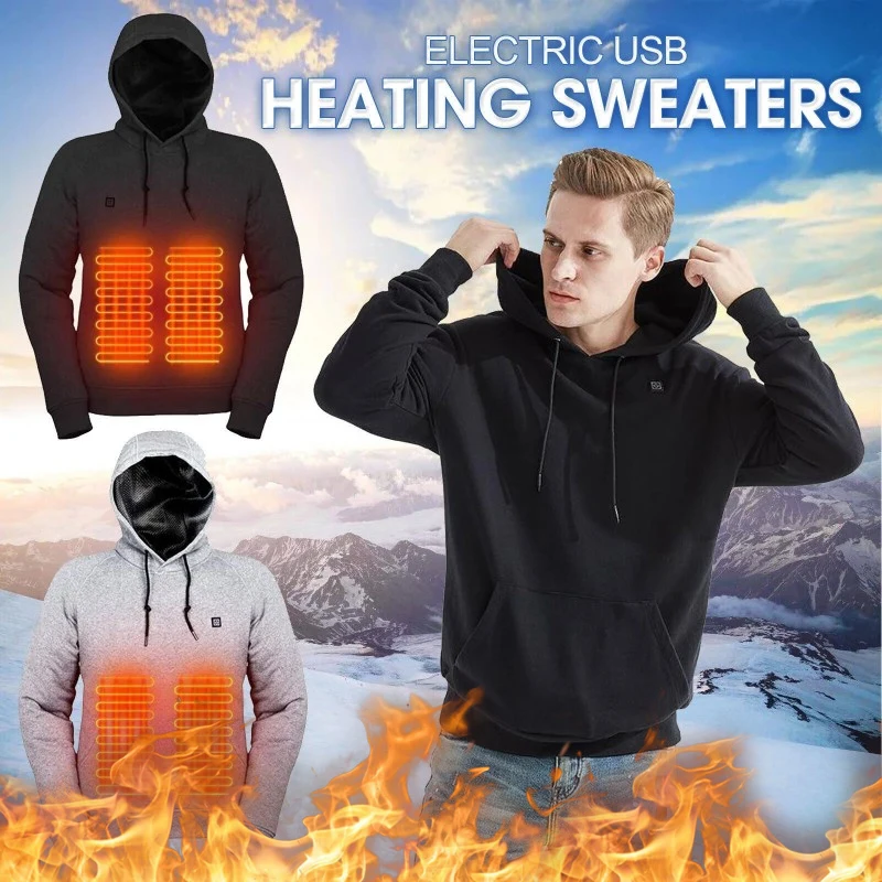 2024 Outwear Electric USB Heating Sweater Hoodie Men's Winter Warm Heated Clothes Charging Coat Jacket Sportswear Christmas Gift