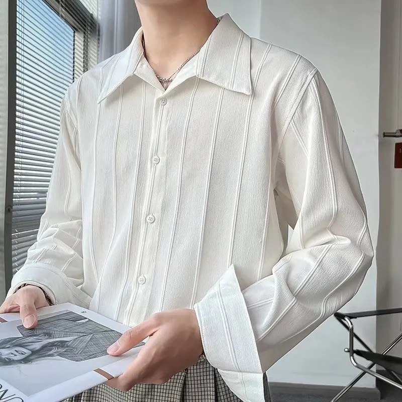 

Ele Bla Cuban Collar Long Sve Striped irt Loose Fit Youthful Trend Autumn Faion for Hairsts And Men