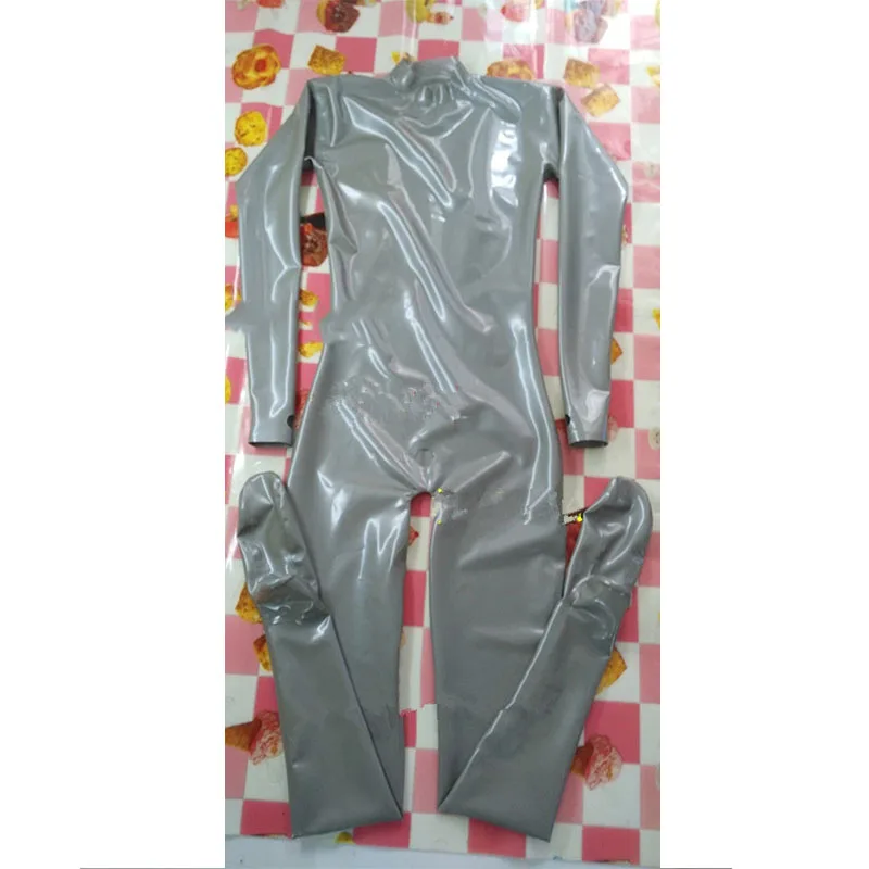 

Male Neck Entry Latex Catsuit Silver with Front Hole Handmade Rubber Bodysuit Jumpsuit for Men Wear Customize