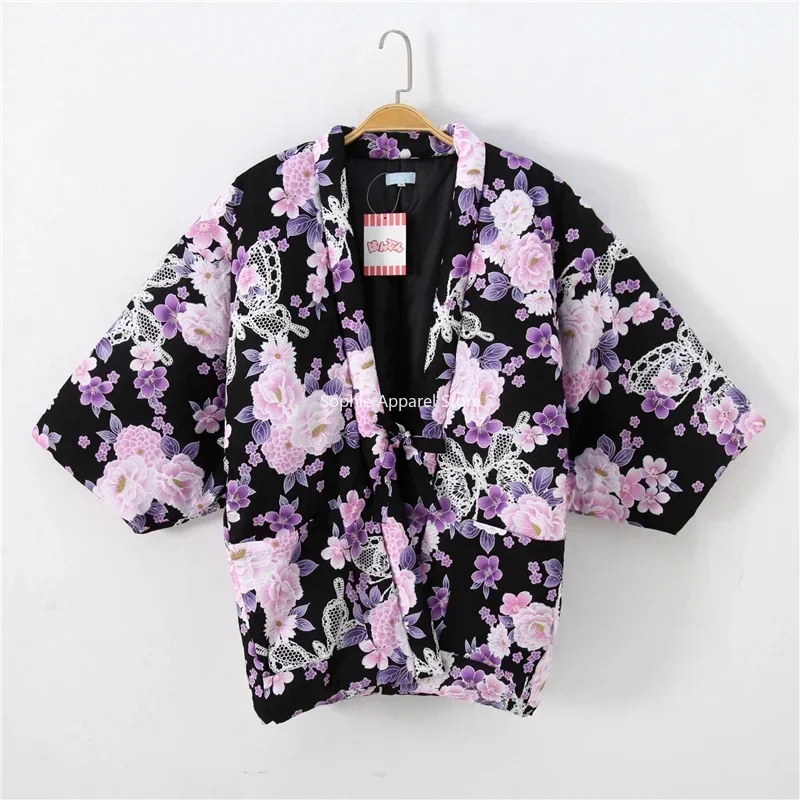 Haori الشتاء للنساء كيمونو اليابانية التقليدية مبطن الحشو القطن معطف فضفاض يوكاتا فام Hanten سترة بيجامة Japonais