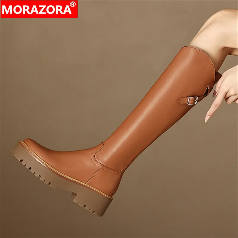 MORAZORA 2024 New Genuine Leather Zipper Women Boots Fashion Ladies Platform Boots Autumn Winter Knee High Boots