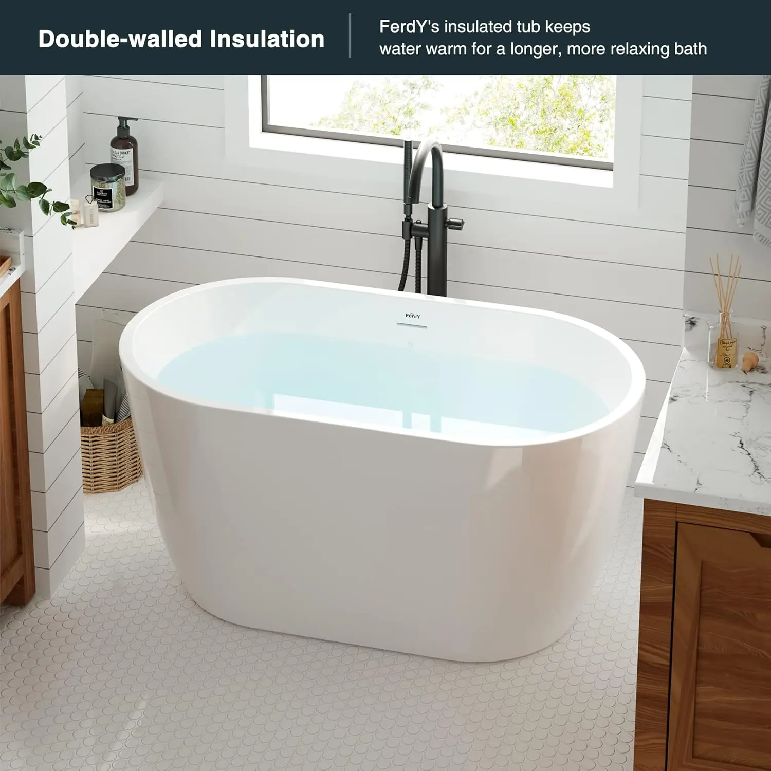 Bali Acrylic Freestanding Bathtub, Gracefully Shaped Freestanding Soaking Bathtub